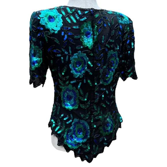 Laurence Kazar Vintage Sequin Silk Beaded Top Medium Floral Glam 80s 90s Party - Picture 6 of 15